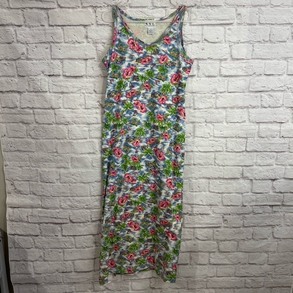 Vintage New York Laundry made in USA Hawaiian print maxi dress medium side slits